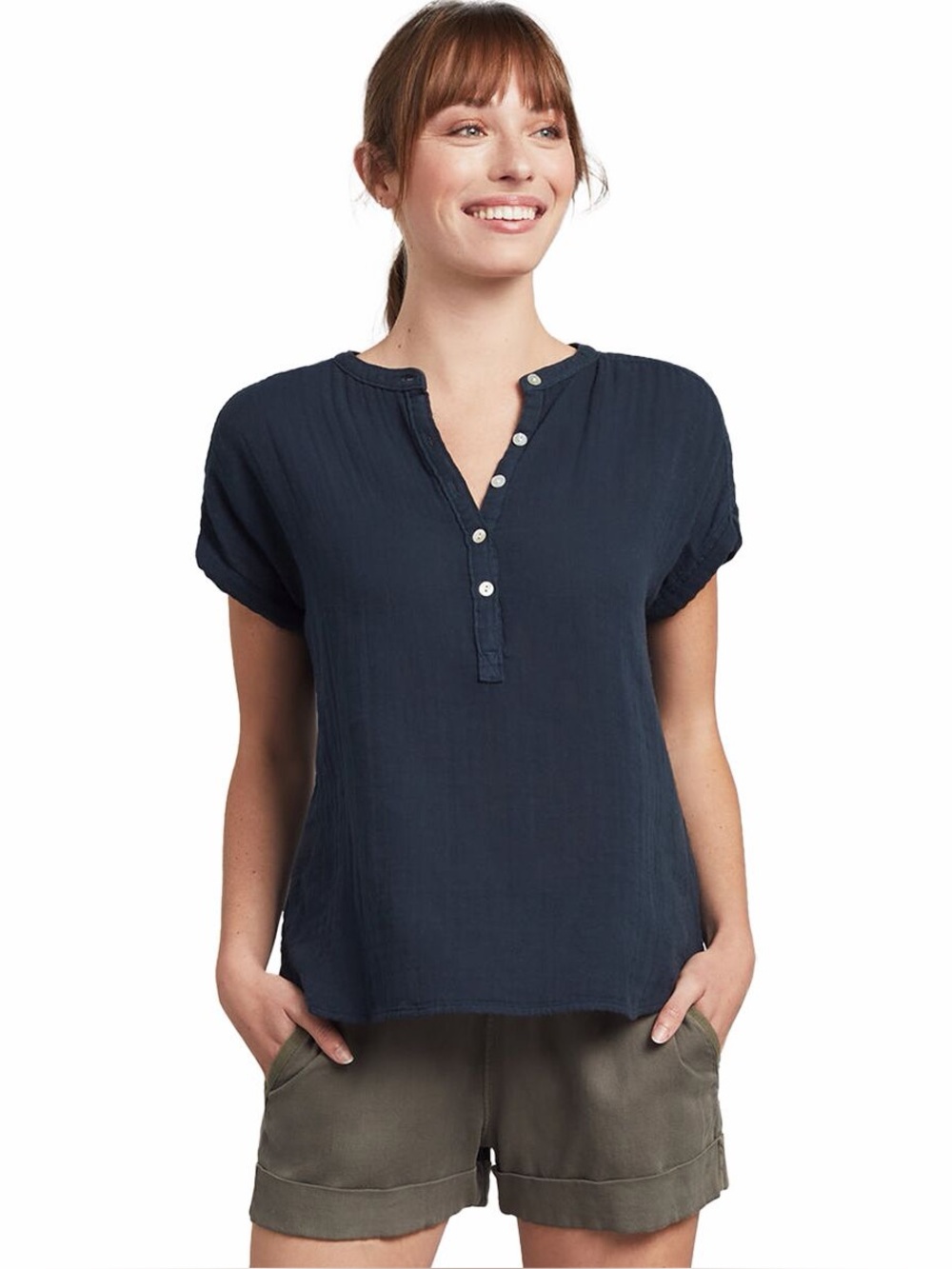 Faherty Dream Cotton Desmond Top Gauzy Navy Blue Shirt Sleeve Size Medium